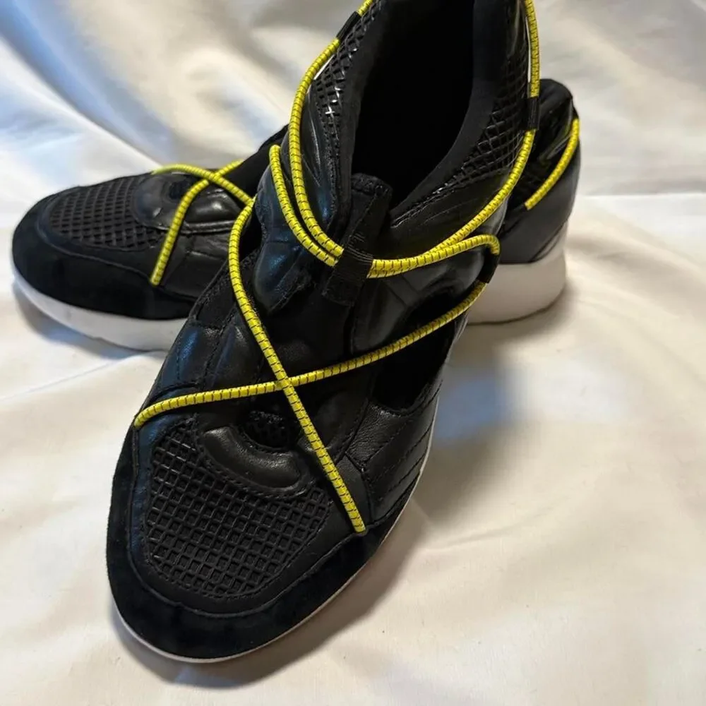 DKNY Black Leather Bungee Lace Sneakers Chunky Sole Women's 10